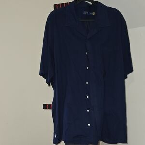 2X Big Linen Polo by Ralph Lauren Blue Casual Button Down Shirt